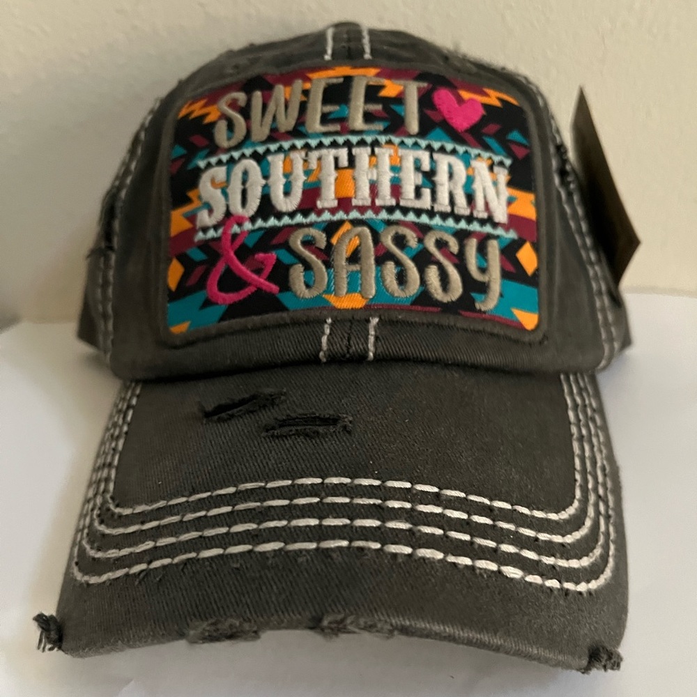 Dark Grey Vintage Distressed Ballcap “Sweet Southern & Sassy”